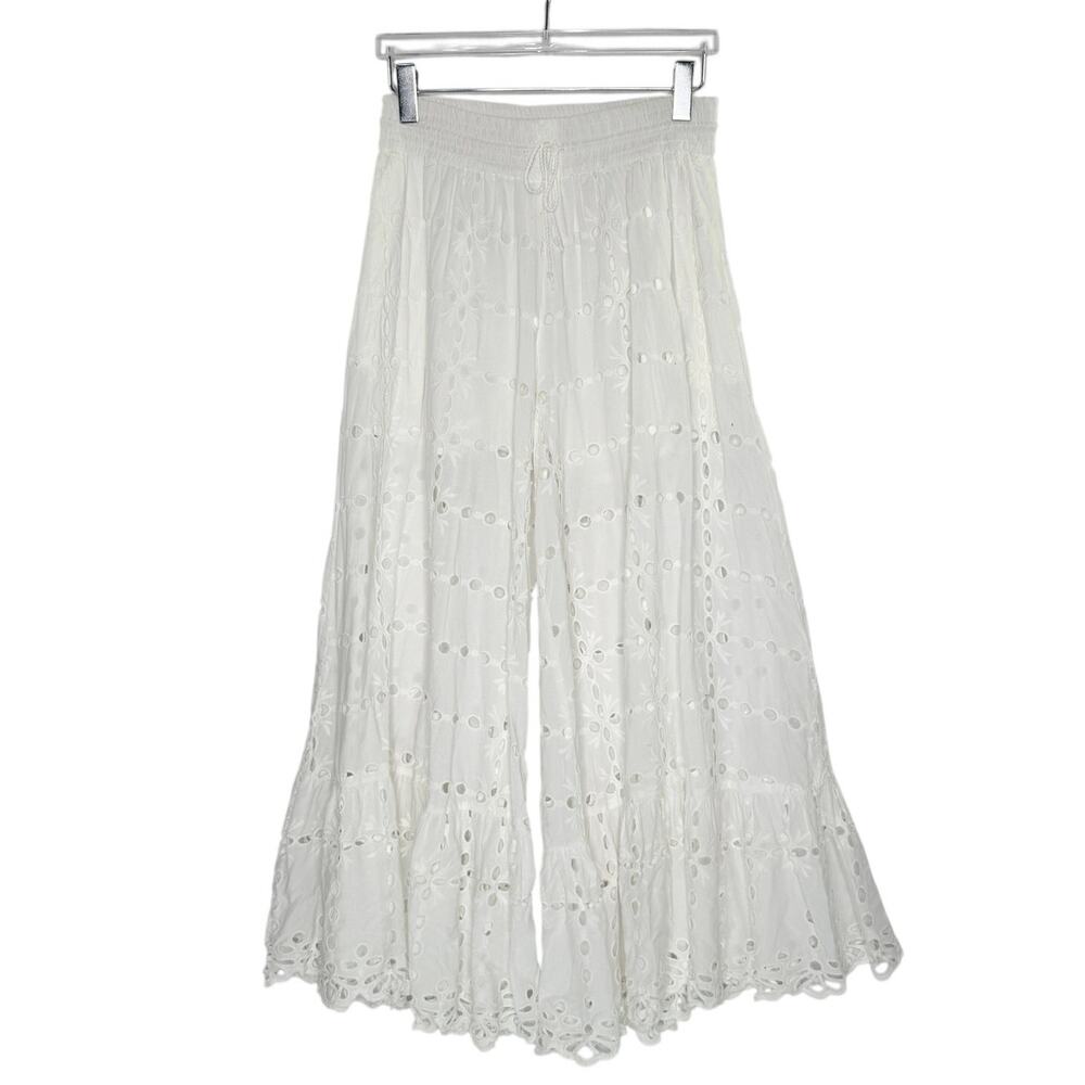 Free People Floral Eyelet Flare Wide Leg Pants S White Ruffle Bloomer Boho